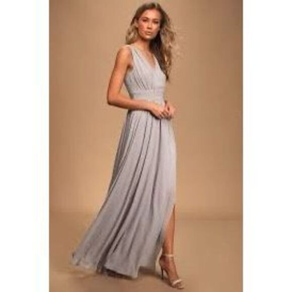 Lulus Size XS Thoughts Of Hue Light Grey Surplice Maxi Dress High Slit Formal - Picture 1 of 14